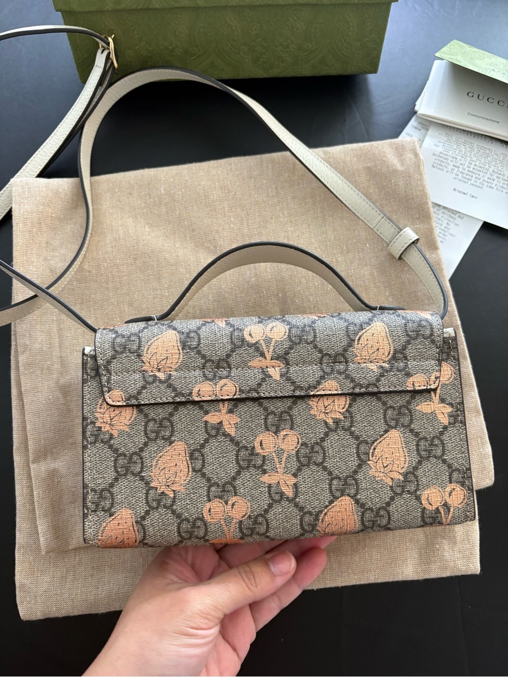 Gucci Beige GG Supreme Canvas Satchel with Peach Motif and Gold Hardware - Picture 10 of 11